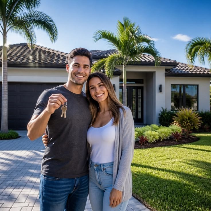 A couple holding the keys to their new home